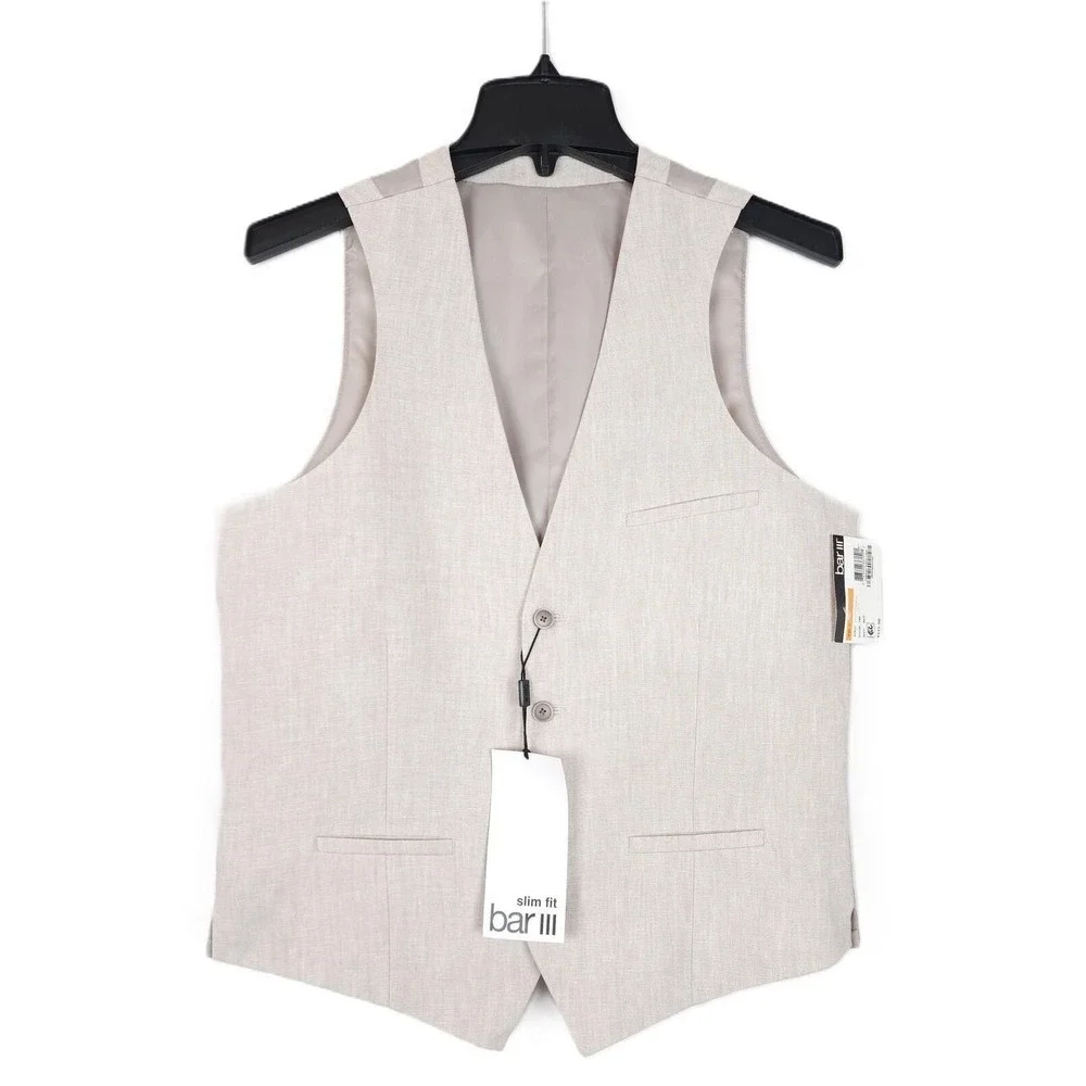 Bar III Mens Slim Fit Linen Suit Vest Sz Medium Light Tan Solid NWT
